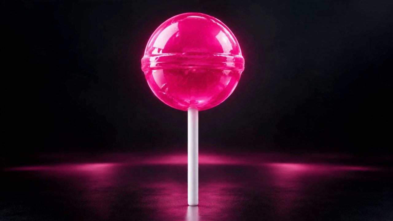 A glossy hot-pink candy sphere on a white stick, sealed, lit against a dark reflective floor.